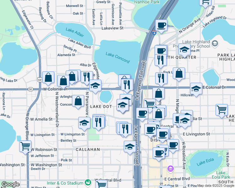 map of restaurants, bars, coffee shops, grocery stores, and more near 440 West Colonial Drive in Orlando