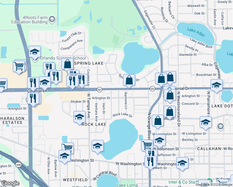 map of restaurants, bars, coffee shops, grocery stores, and more near 636 North Rio Grande Avenue in Orlando