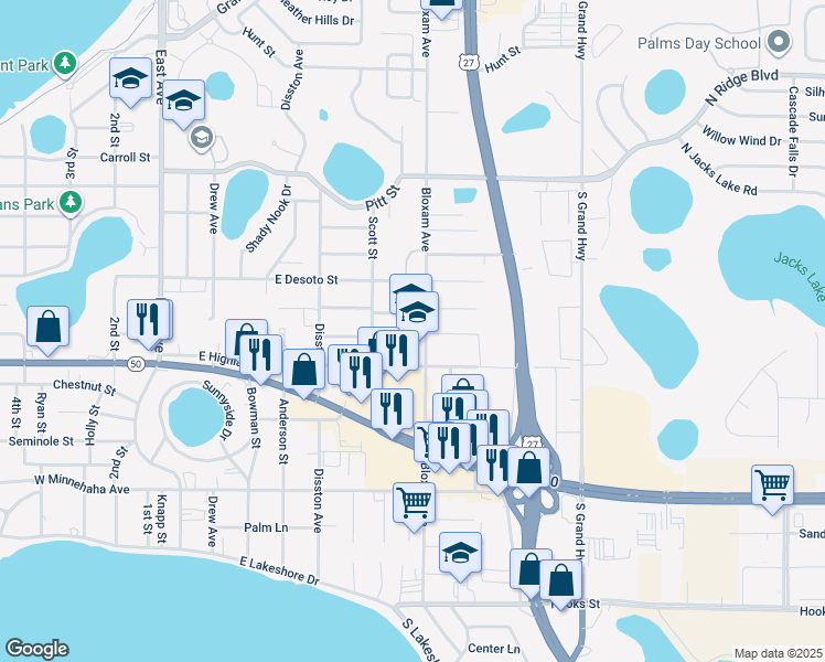 map of restaurants, bars, coffee shops, grocery stores, and more near 680 East Highland Avenue in Clermont
