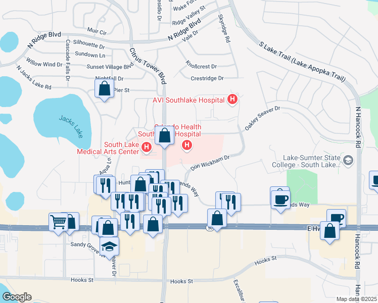 map of restaurants, bars, coffee shops, grocery stores, and more near 1099 Citrus Tower Boulevard in Clermont