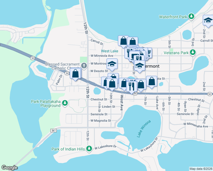 map of restaurants, bars, coffee shops, grocery stores, and more near 950 10th Street in Clermont