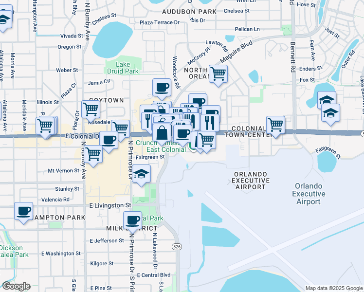 map of restaurants, bars, coffee shops, grocery stores, and more near 3208 East Colonial Drive in Orlando