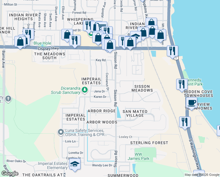 map of restaurants, bars, coffee shops, grocery stores, and more near 4900 Sisson Road in Titusville
