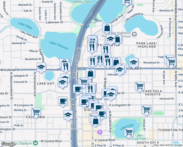 map of restaurants, bars, coffee shops, grocery stores, and more near 668 North Orange Avenue in Orlando