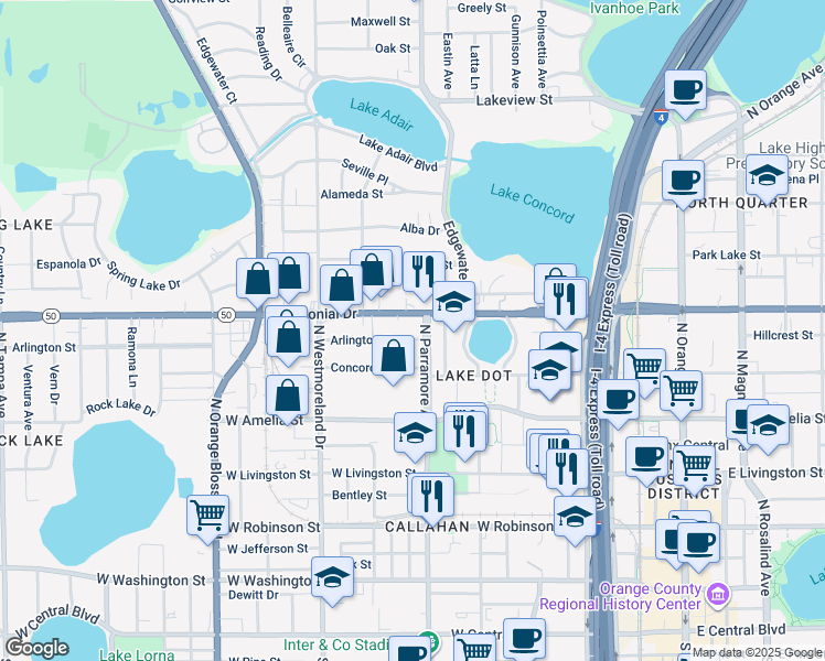 map of restaurants, bars, coffee shops, grocery stores, and more near 717 Arlington Street in Orlando