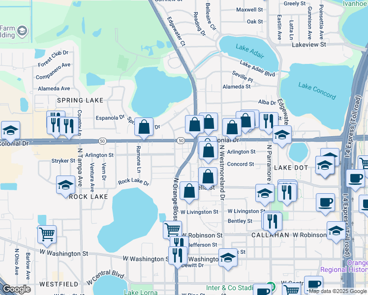 map of restaurants, bars, coffee shops, grocery stores, and more near 1200 West Colonial Drive in Orlando