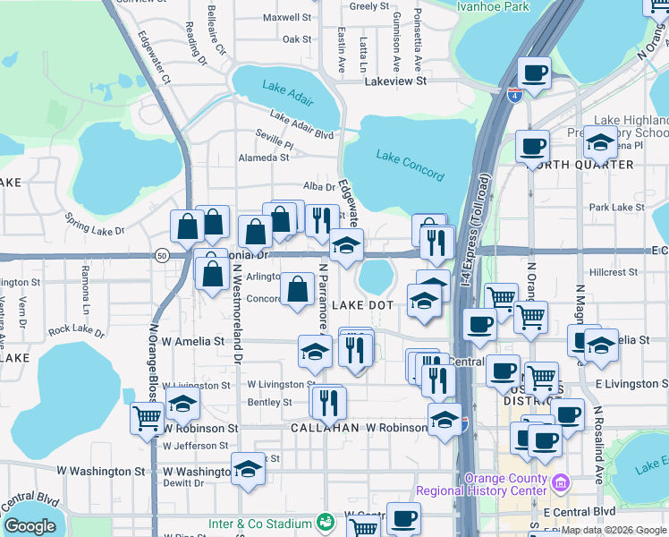 map of restaurants, bars, coffee shops, grocery stores, and more near 644 Putnam Avenue in Orlando