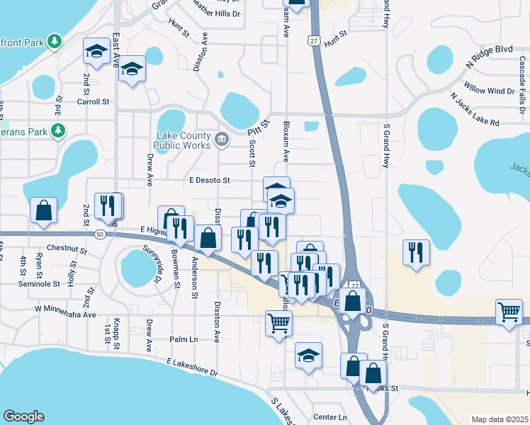 map of restaurants, bars, coffee shops, grocery stores, and more near 940 School Street in Clermont