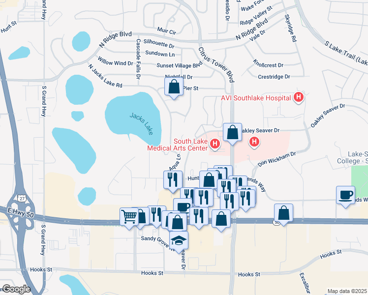 map of restaurants, bars, coffee shops, grocery stores, and more near 1077 Sailing Bay Drive in Clermont