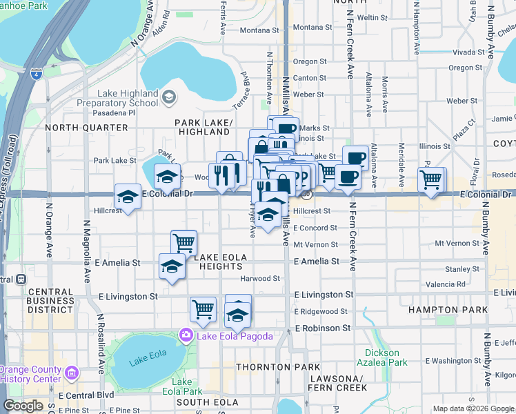 map of restaurants, bars, coffee shops, grocery stores, and more near 630 North Thornton Avenue in Orlando