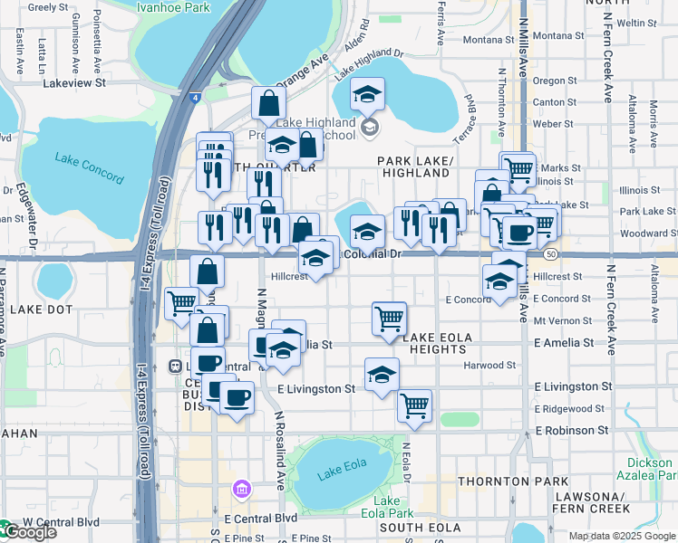 map of restaurants, bars, coffee shops, grocery stores, and more near 311 Hillcrest Street in Orlando