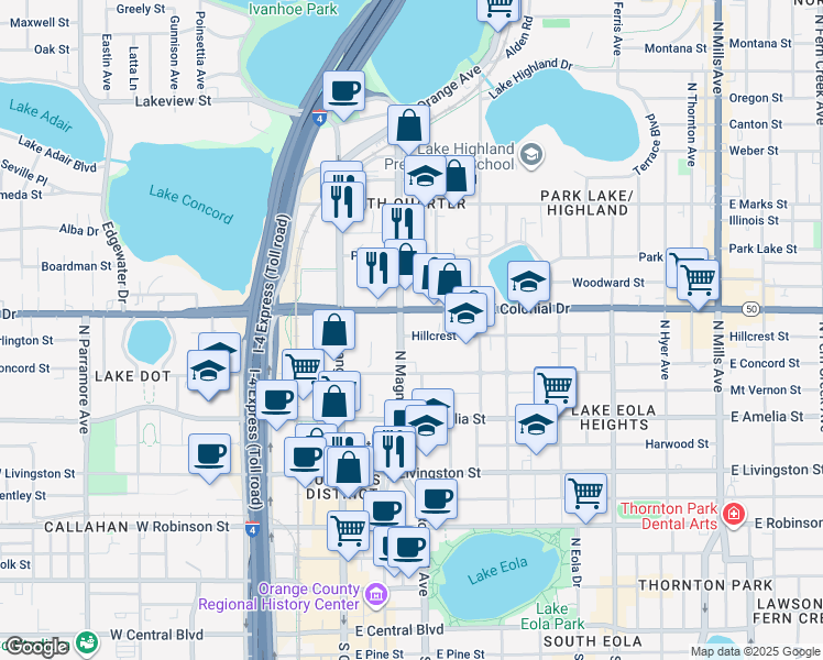map of restaurants, bars, coffee shops, grocery stores, and more near 107 Hillcrest Street in Orlando