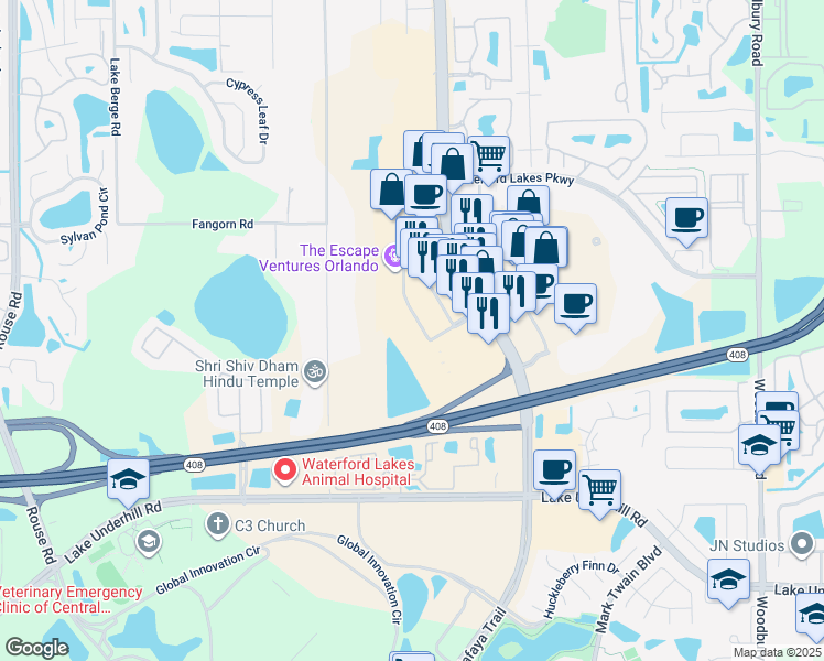 map of restaurants, bars, coffee shops, grocery stores, and more near 422 North Alafaya Trail in Orlando