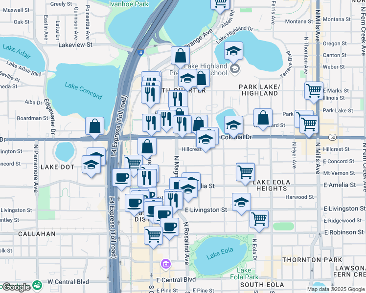 map of restaurants, bars, coffee shops, grocery stores, and more near 107 Hillcrest Street in Orlando