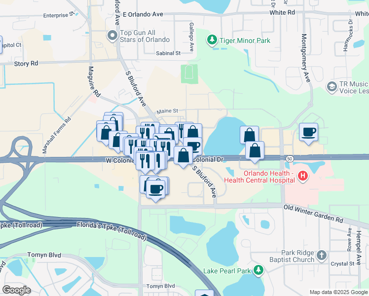 map of restaurants, bars, coffee shops, grocery stores, and more near 1050 South Bluford Avenue in Ocoee