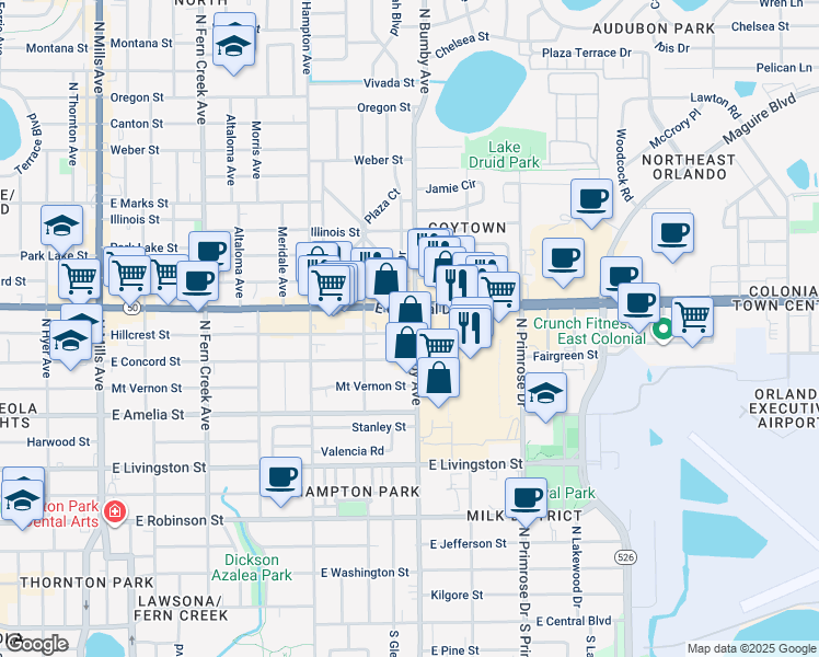 map of restaurants, bars, coffee shops, grocery stores, and more near 630 North Bumby Avenue in Orlando
