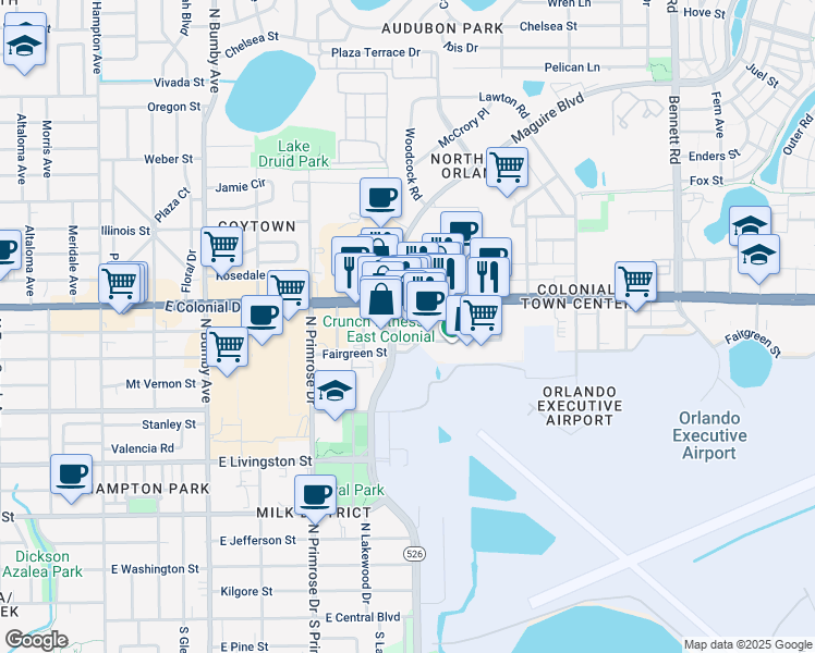 map of restaurants, bars, coffee shops, grocery stores, and more near 3206 East Colonial Drive in Orlando
