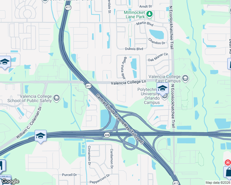 map of restaurants, bars, coffee shops, grocery stores, and more near 610 Valencia Place Circle in Orlando