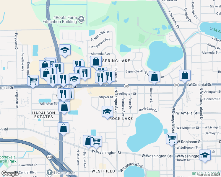 map of restaurants, bars, coffee shops, grocery stores, and more near 2030 West Colonial Drive in Orlando