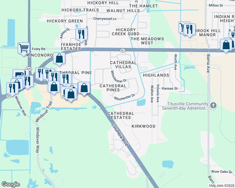 map of restaurants, bars, coffee shops, grocery stores, and more near 2845 Notre Dame Drive in Titusville
