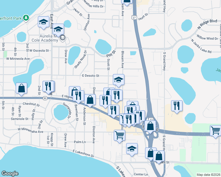 map of restaurants, bars, coffee shops, grocery stores, and more near 940 School Street in Clermont