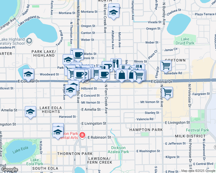 map of restaurants, bars, coffee shops, grocery stores, and more near 629 North Fern Creek Avenue in Orlando