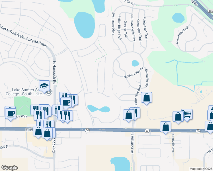 map of restaurants, bars, coffee shops, grocery stores, and more near 1125 Hidden Bluff in Clermont