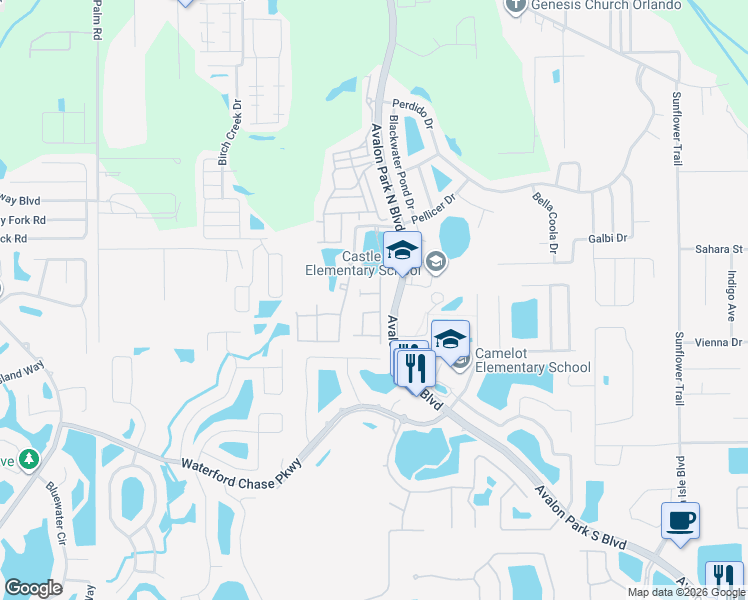 map of restaurants, bars, coffee shops, grocery stores, and more near 12048 White Wave Point in Orlando