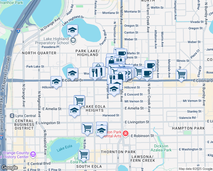 map of restaurants, bars, coffee shops, grocery stores, and more near 630 North Thornton Avenue in Orlando