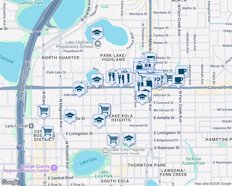 map of restaurants, bars, coffee shops, grocery stores, and more near 641 Hillcrest Street in Orlando