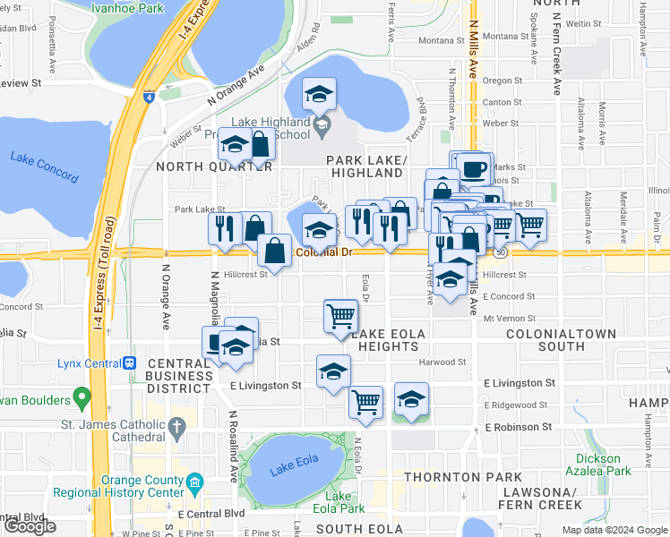 map of restaurants, bars, coffee shops, grocery stores, and more near 603 Hillcrest Street in Orlando