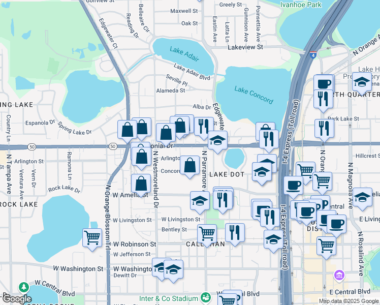 map of restaurants, bars, coffee shops, grocery stores, and more near 717 Arlington Street in Orlando