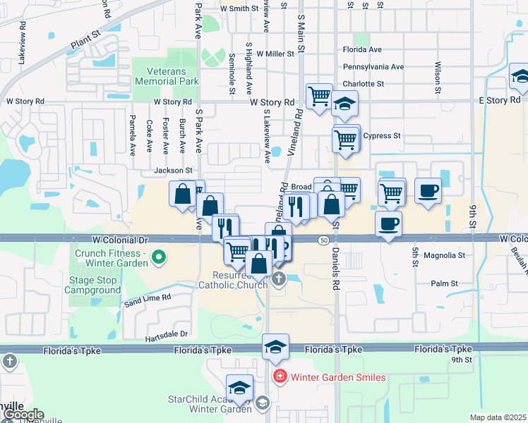 map of restaurants, bars, coffee shops, grocery stores, and more near 136 West Morgan Street in Winter Garden
