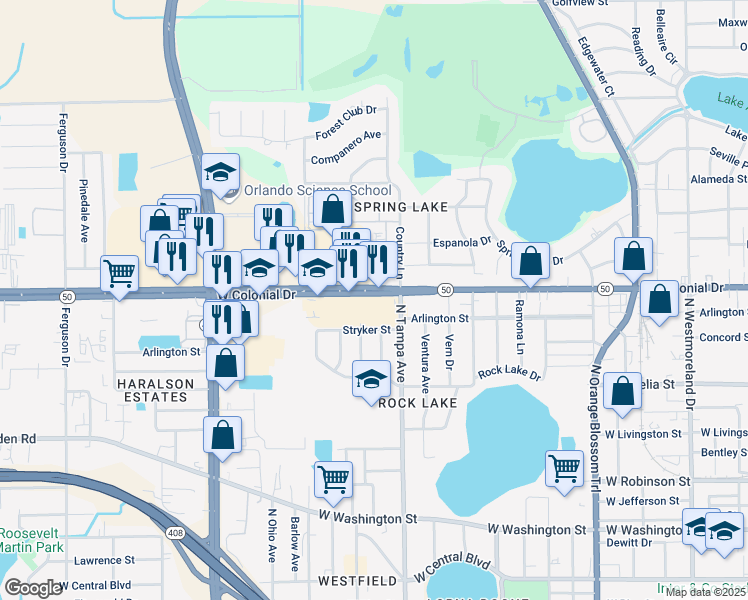 map of restaurants, bars, coffee shops, grocery stores, and more near 2030 West Colonial Drive in Orlando