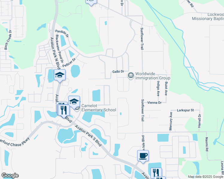map of restaurants, bars, coffee shops, grocery stores, and more near 833 Battery Pointe Drive in Orlando
