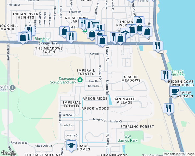 map of restaurants, bars, coffee shops, grocery stores, and more near 605 Scotty Drive in Titusville