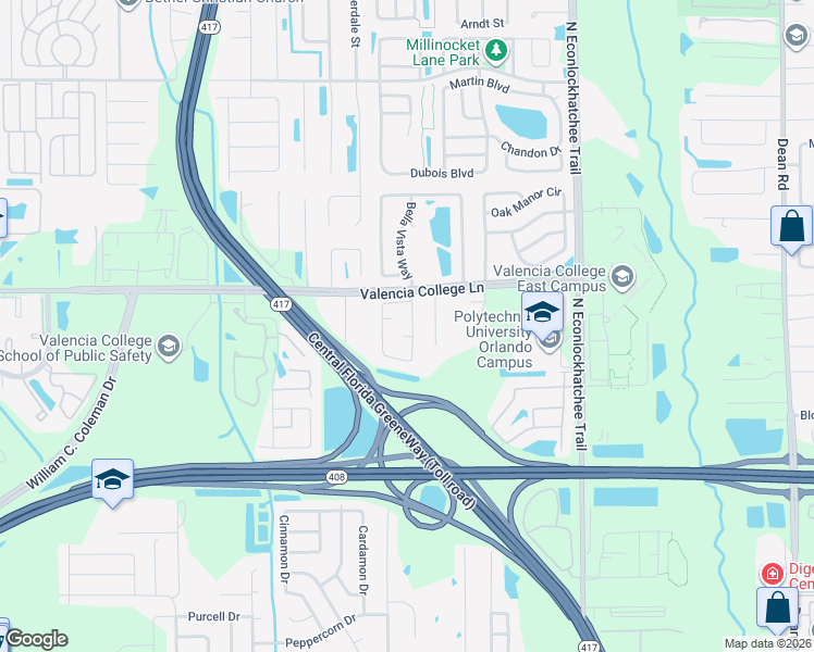 map of restaurants, bars, coffee shops, grocery stores, and more near 443 Valencia Place Circle in Orlando