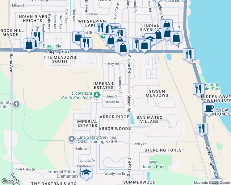 map of restaurants, bars, coffee shops, grocery stores, and more near 605 Scotty Drive in Titusville