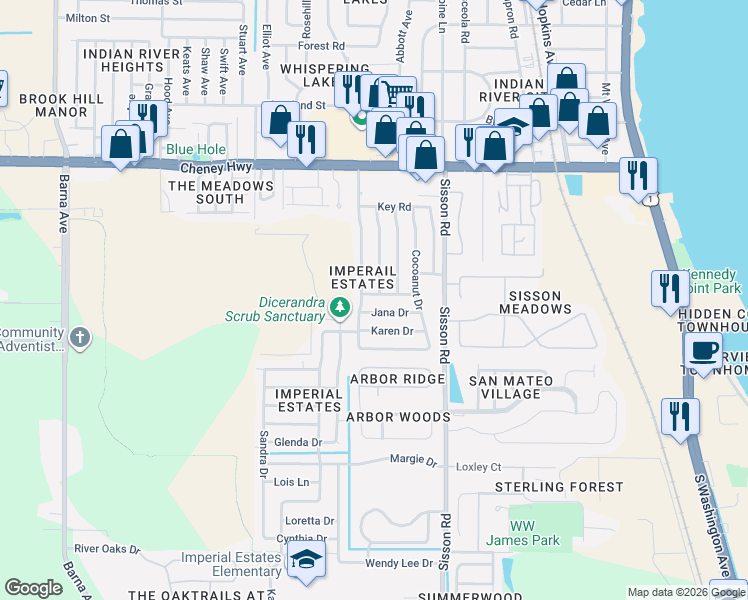 map of restaurants, bars, coffee shops, grocery stores, and more near 735 Scotty Drive in Titusville