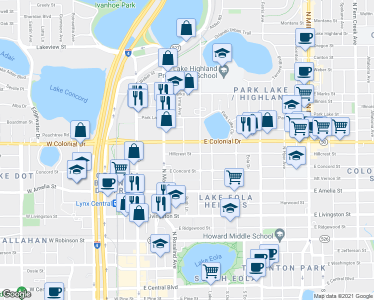 map of restaurants, bars, coffee shops, grocery stores, and more near 203 Hillcrest Street in Orlando