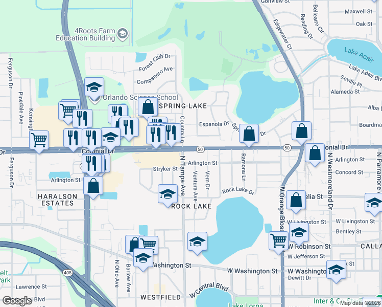 map of restaurants, bars, coffee shops, grocery stores, and more near 1904 West Colonial Drive in Orlando