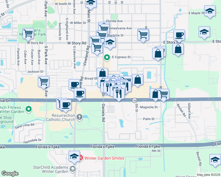 map of restaurants, bars, coffee shops, grocery stores, and more near 1015b South Dillard Street in Winter Garden