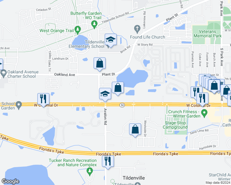 map of restaurants, bars, coffee shops, grocery stores, and more near 1114 Brandy Lake View Circle in Winter Garden
