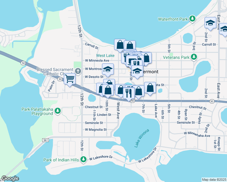 map of restaurants, bars, coffee shops, grocery stores, and more near 938 West Avenue in Clermont