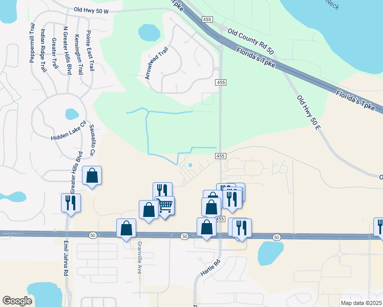 map of restaurants, bars, coffee shops, grocery stores, and more near 14135 County Road 455 in Clermont