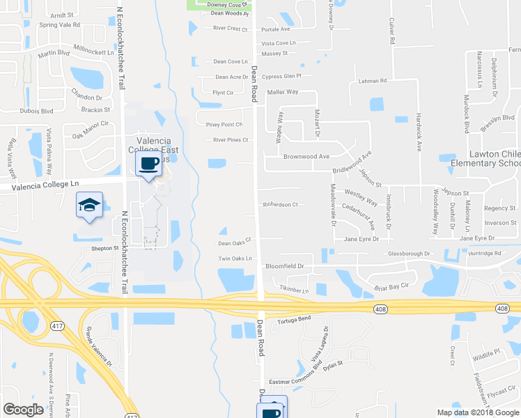map of restaurants, bars, coffee shops, grocery stores, and more near 10000 Richardson Court in Orlando