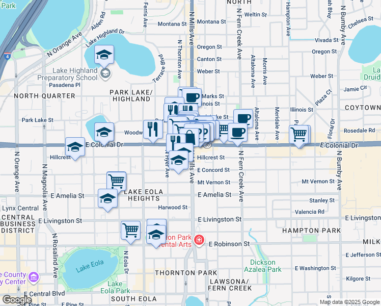 map of restaurants, bars, coffee shops, grocery stores, and more near 634 Florida 15 in Orlando