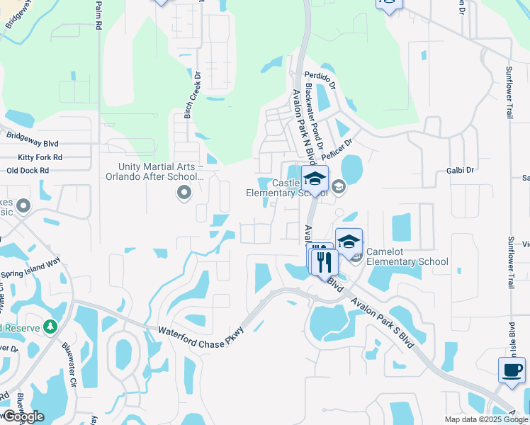map of restaurants, bars, coffee shops, grocery stores, and more near 1234 Avalon Reserve Boulevard in Orlando