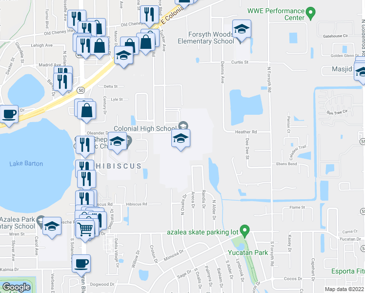 map of restaurants, bars, coffee shops, grocery stores, and more near 6201 Nandina Dr in Orlando
