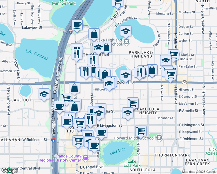 map of restaurants, bars, coffee shops, grocery stores, and more near 203 Hillcrest Street in Orlando